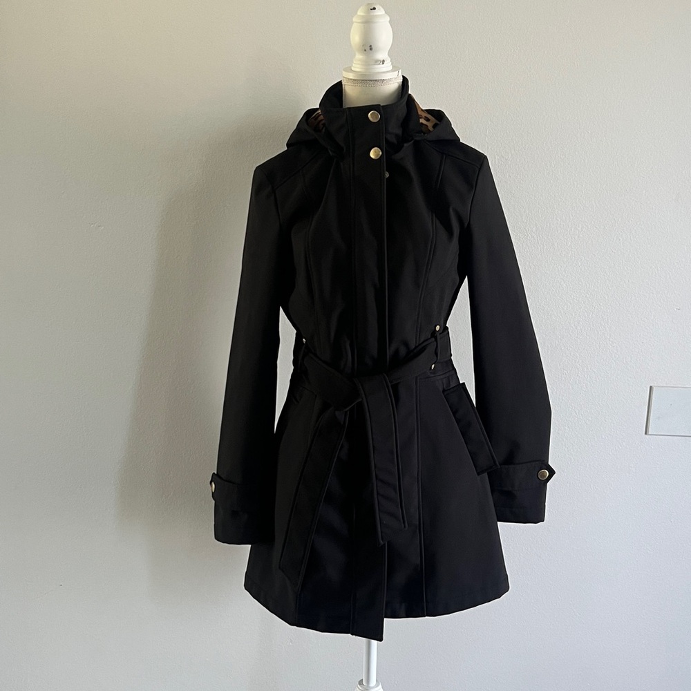 Liz Claiborne Black Trench Coat with Leopard Lining - Picture 5 of 6